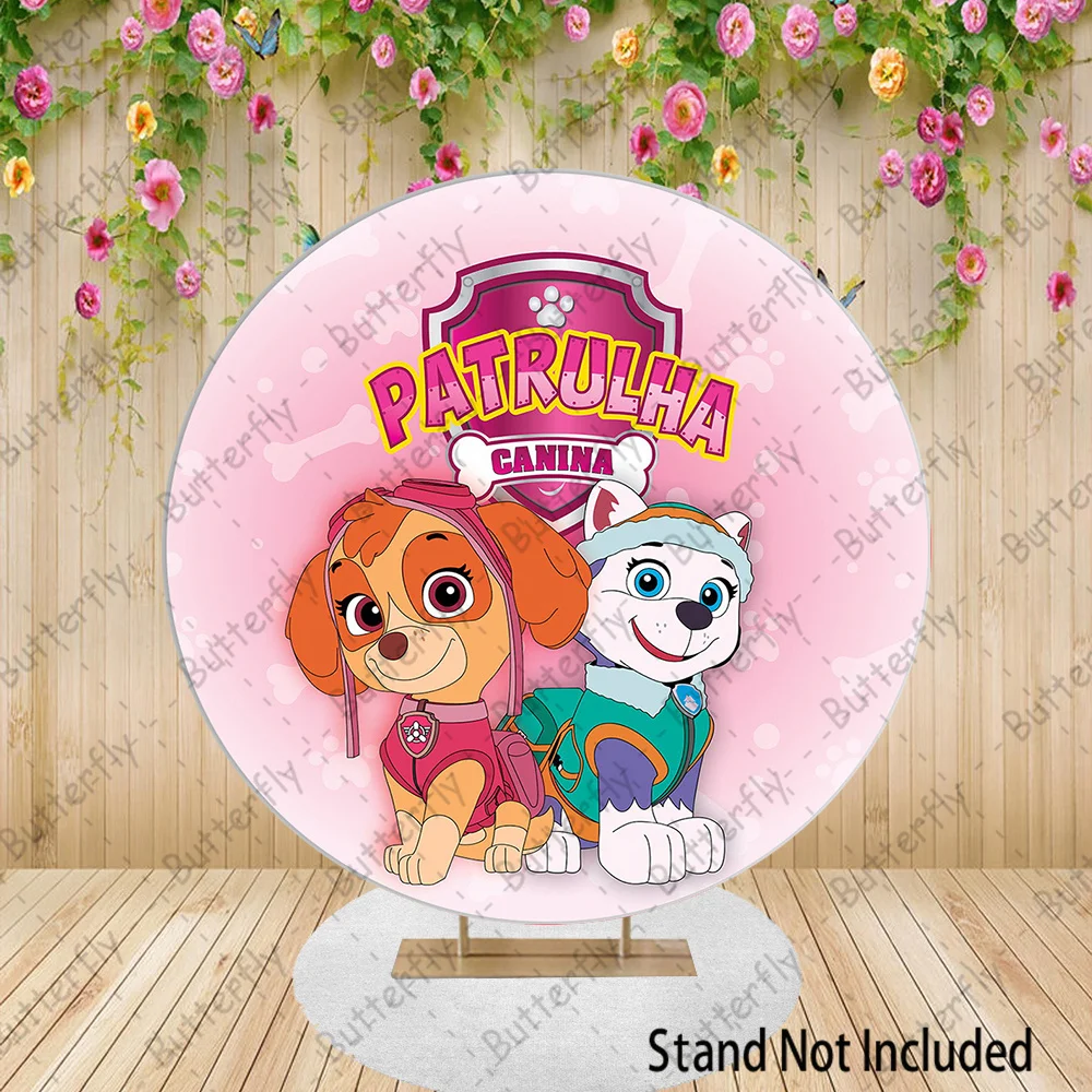 Toile de fond Paw Patrol pour la photographie, rose, chien volant, Skye Clest, neige, sauvetage, anniversaire, dessin animé, rond, baby shower, bannière de fond