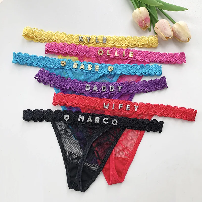 Custom Name Thong Sexy Lace T-shaped Personalized Crystal Letters Underwear Tanga Panties for Women G-String Hot Wife Lover Gift