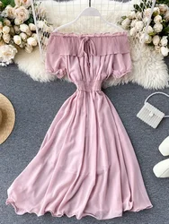 Women's Summer Dress New Pleated Ruffled One-neck Dress Strapless Puff Sleeve Chiffon Short Sleeve Long Female Dresses LL051