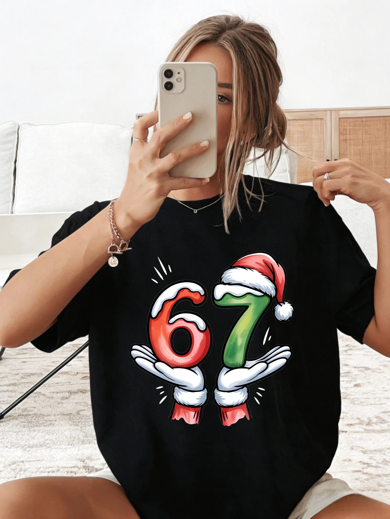 

Women's Cotton Oversized Short Sleeve T Shirt 67 Christmas Number Graphic Funny Printed Tshirt for Women Gift