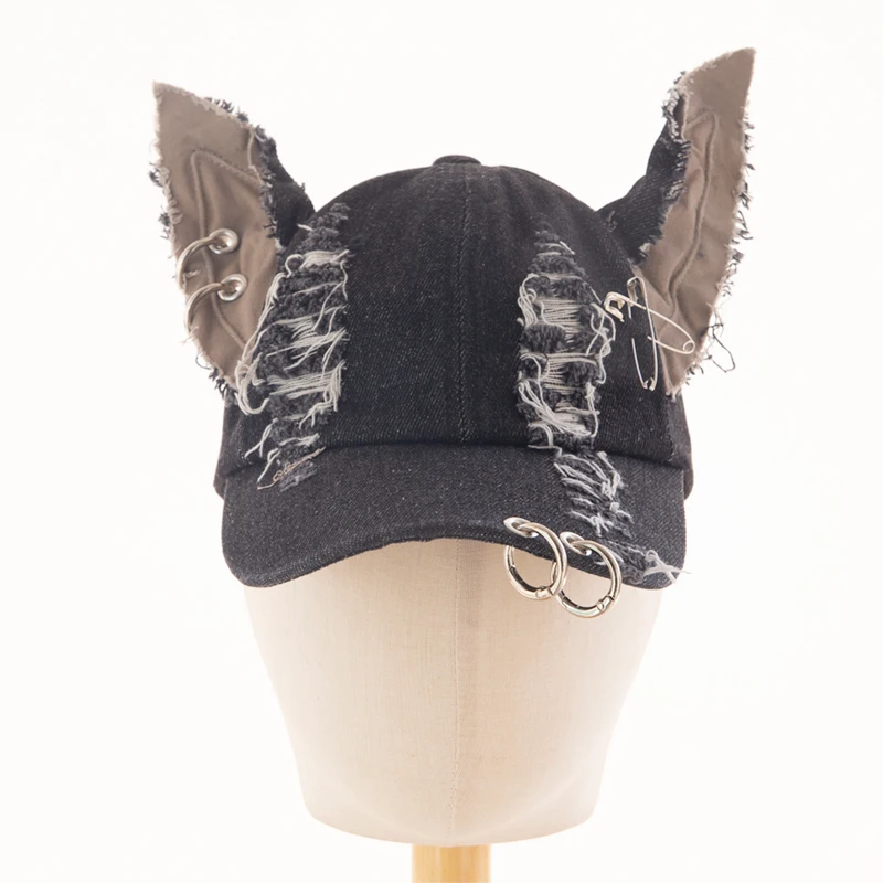Hip Hop Distressed Denim Baseball Cap with Piercing Rings and Safety Pin Doberman Ear Design Adjustable Unisex Summer Hat