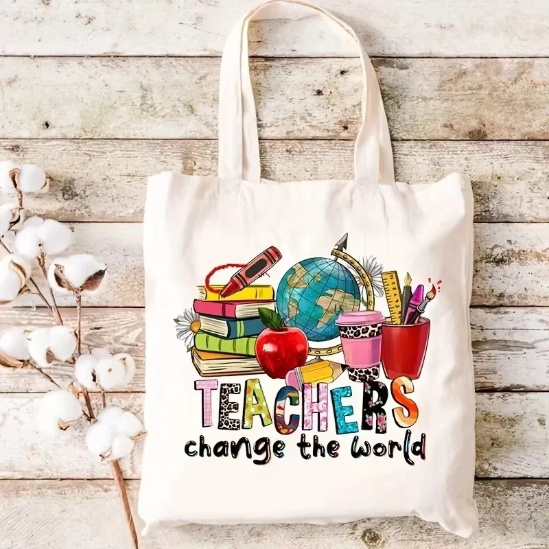 

Retro Canvas Tote Bag Inspirational "Teachers Change The World" Large Capacity Handbag for Shopping Travel Women's Shoulder Bag