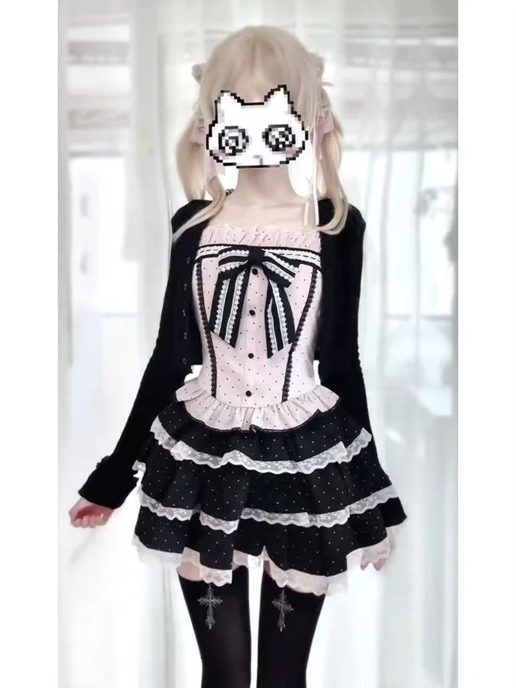 Fashion Japanese Vintage Sweet 3-Piece Set Women Bow Polka Dot Cami Top + Cardigan + High Waist Mini Skirt Y2K Casual Outfits
