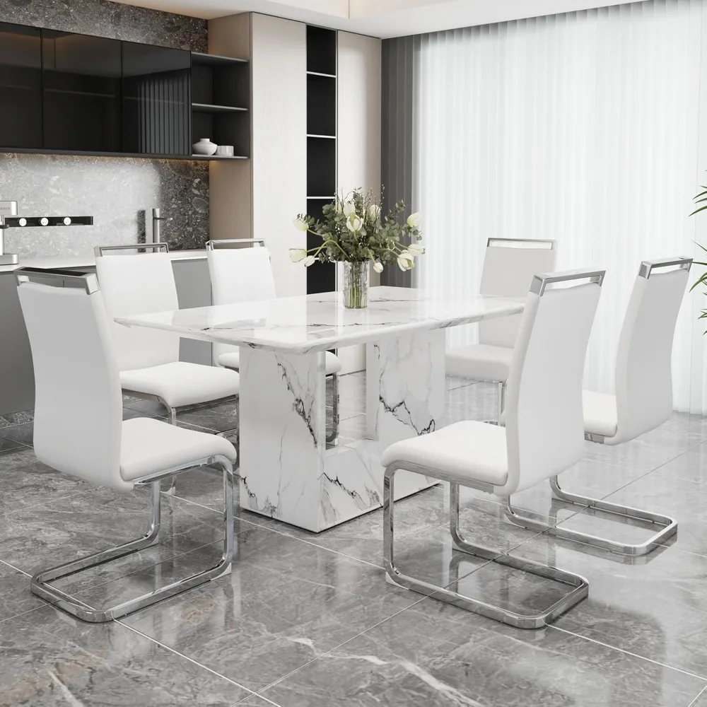 6-person Dining Table Set, 63 Inch Kitchen Table and Chairs, White Artificial Marble Table and Set of 6 PU Leather Modern Chairs