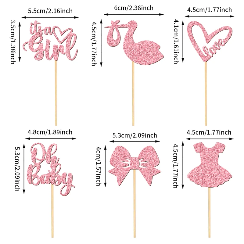 YOMDID 24 Stück Baby-Shower-Cupcake-Topper, Gender-Reveal-Kuchenaufsätze, Glitzer-Liebesherzen, Liebes-Schriftzug, Schleifen-Kleid-Kuchendekorationen – Detail 4