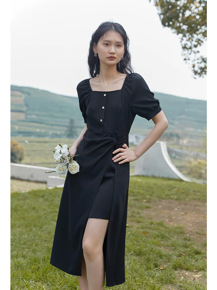 ZIQIAO Square Neck French Style Fake Two-piece Skirt Design Kink Drape Maxi Dress Japanese Office Lady Solid Summer Long Dress