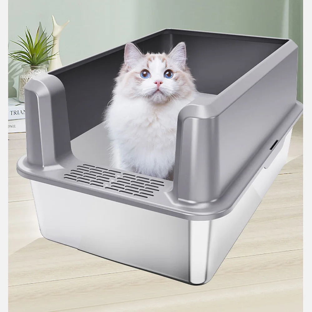 

Stainless Steel Cat Litter Box Open Cat Litter Box High Fence Oversized Anti-splash Deepened Semi-enclosed Household Sand Box