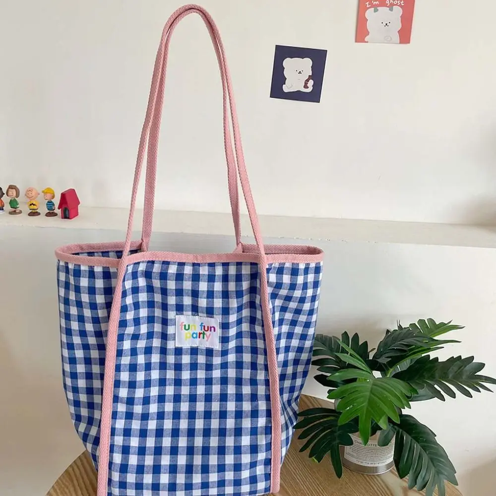 

Fresh Color Plaid Canvas Bucket Bag Large Capacity Korean Style Vacation Tote Bag Office Worker Tote Lightweight Eco Bag