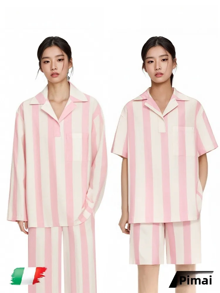PinkBread Loose Artistic Women's Sleepwear Set Spring Summer  Cotton Striped Comfortable Home Clothes Outfit