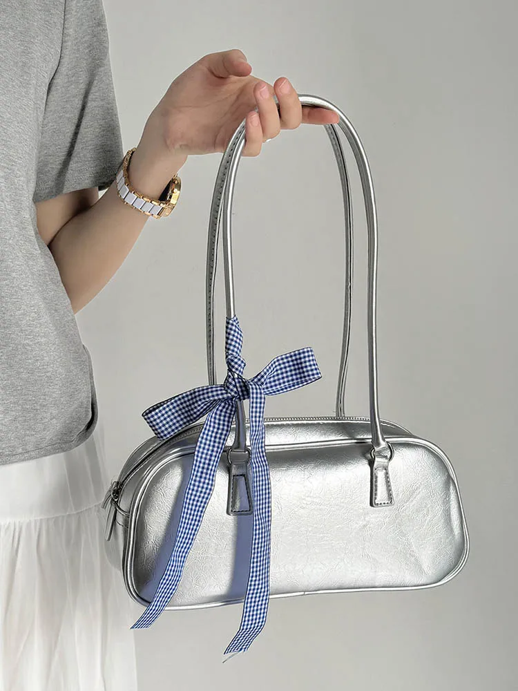 Large Capacity Silver Bag Women Portable Pillow Bag All-Match Shoulder Underarm Bag Women's Handbag Casual Boston Commuting Bags