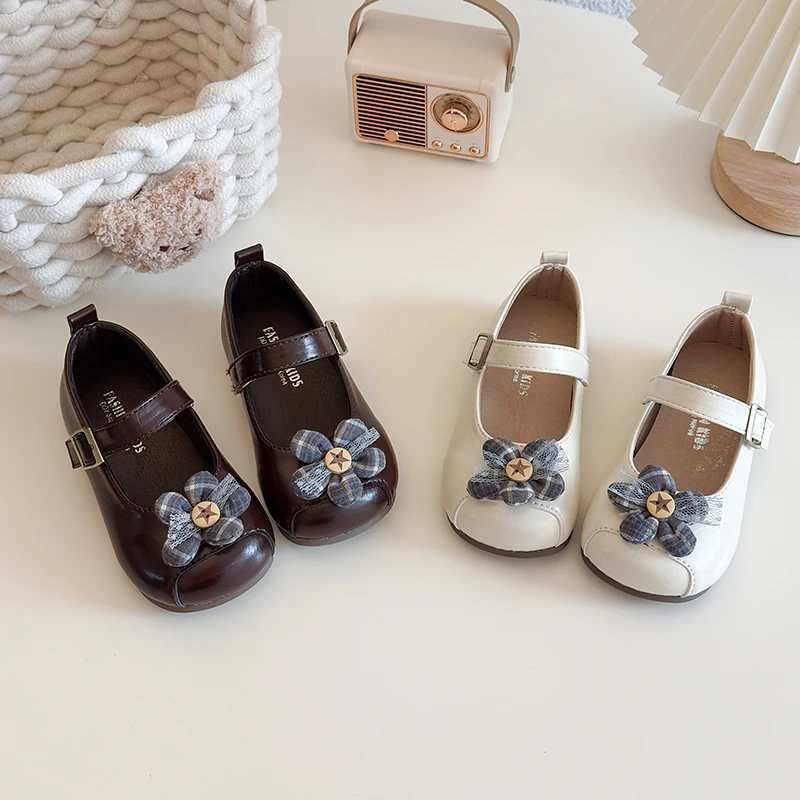 

Spring Girl's Princess Shoes Flower Sewing Hook-loop Sweet Kid's Flat Shoe Beige Brown Cute Daily Versatile Chic Children Shoes
