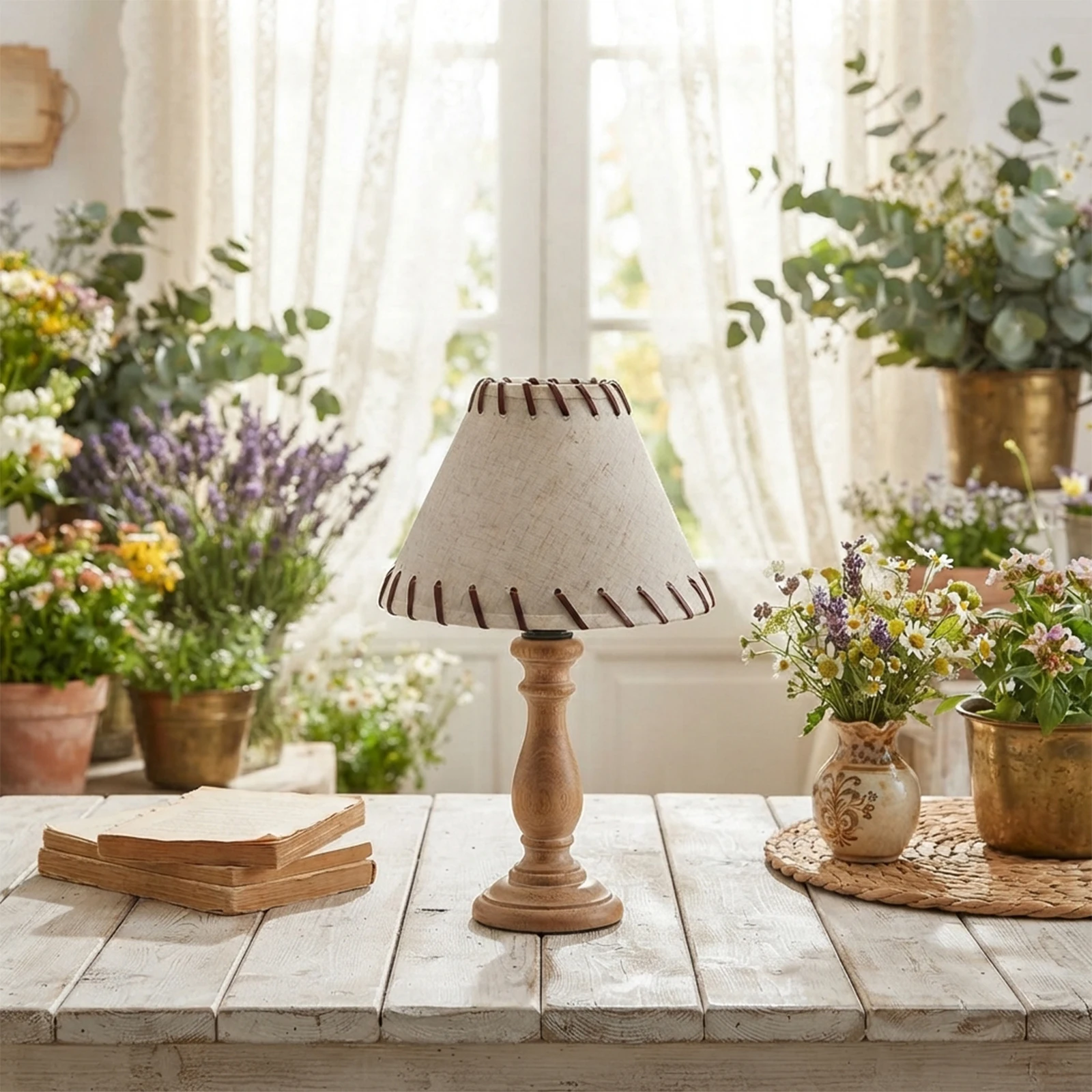 Linen Lamp Shade, Cream Conical, Brown Leather Lace Trim, Table Wall Cover, Rustic Farmhouse