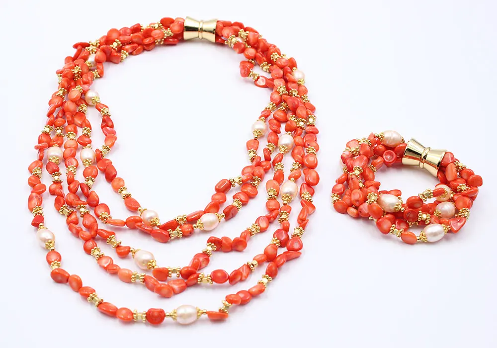 

5 Rows Natural Pink Rice Pearl Orange Coral Freedom Necklace Bracelet Sets Handmade For Women