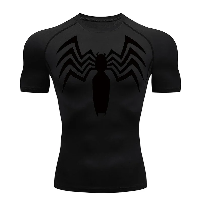 Spider Print Compression Tees Shirts Men Summer Short Sleeve Rash Guard Gym Workout Running Tshirt Athletic Quick Dry Top Male