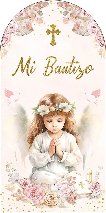 Mehofond Mi Bautizo قوس خلفية غطاء الذهب الصليب Mi Primera بالتواصل المعمودية صبي فتاة حمامة الوردية ديكور 2-الجانب فوتوزون