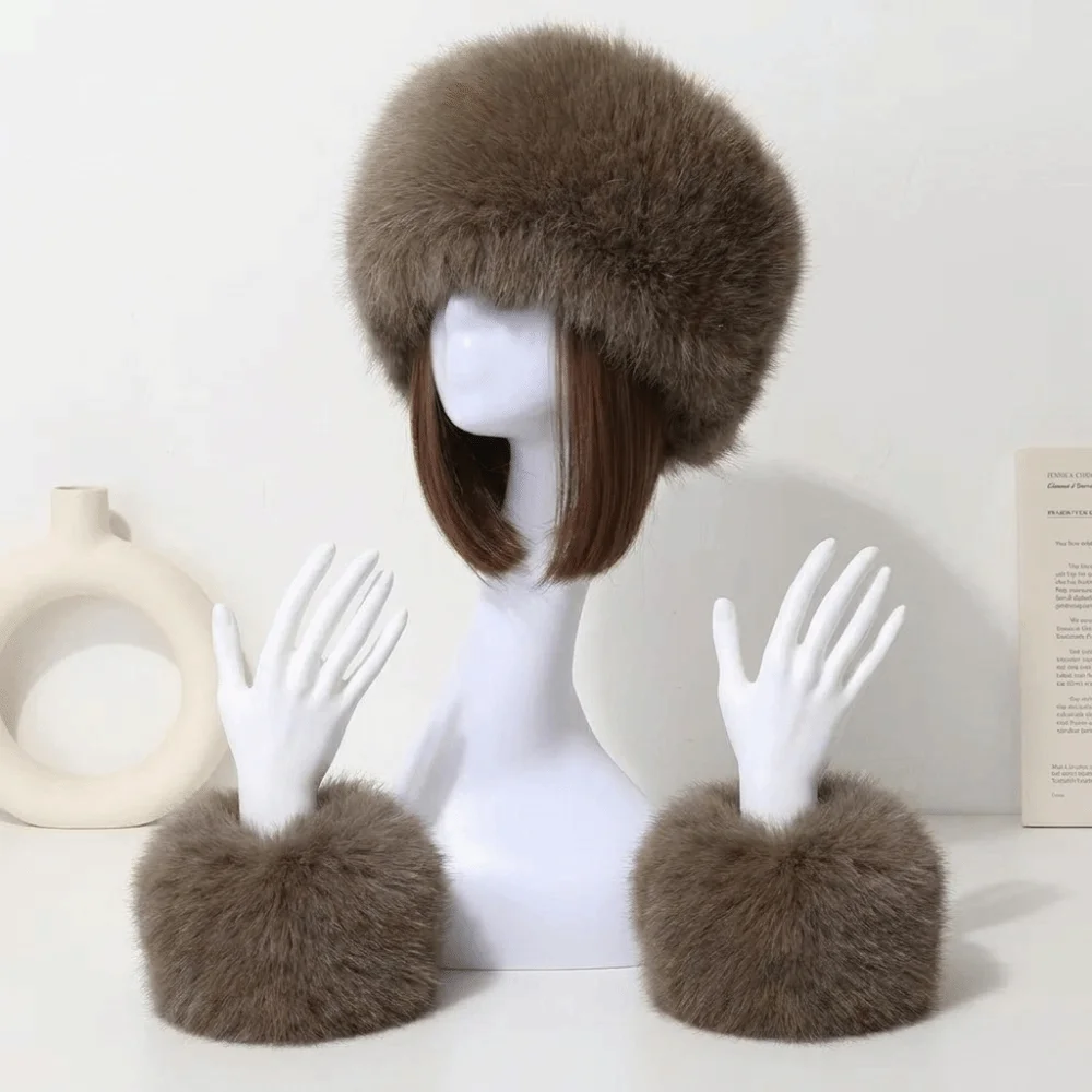 3Pcs/Set Simple Elastic Wide Fur Cuffs Hat Soft Windproof Plush Headwraps Wrist Sleeves Furry Headband Wristband Set Skiing