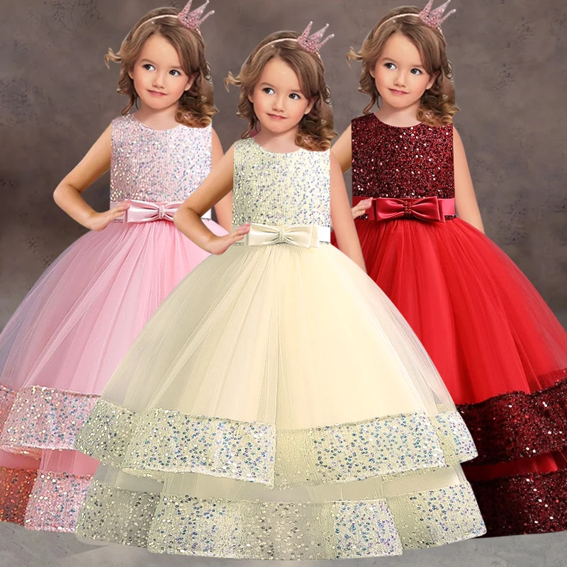 New sequin children girls elegant wedding pearl petal girls dress princess party beauty pageant long sleeve lace tulle 3-12 year