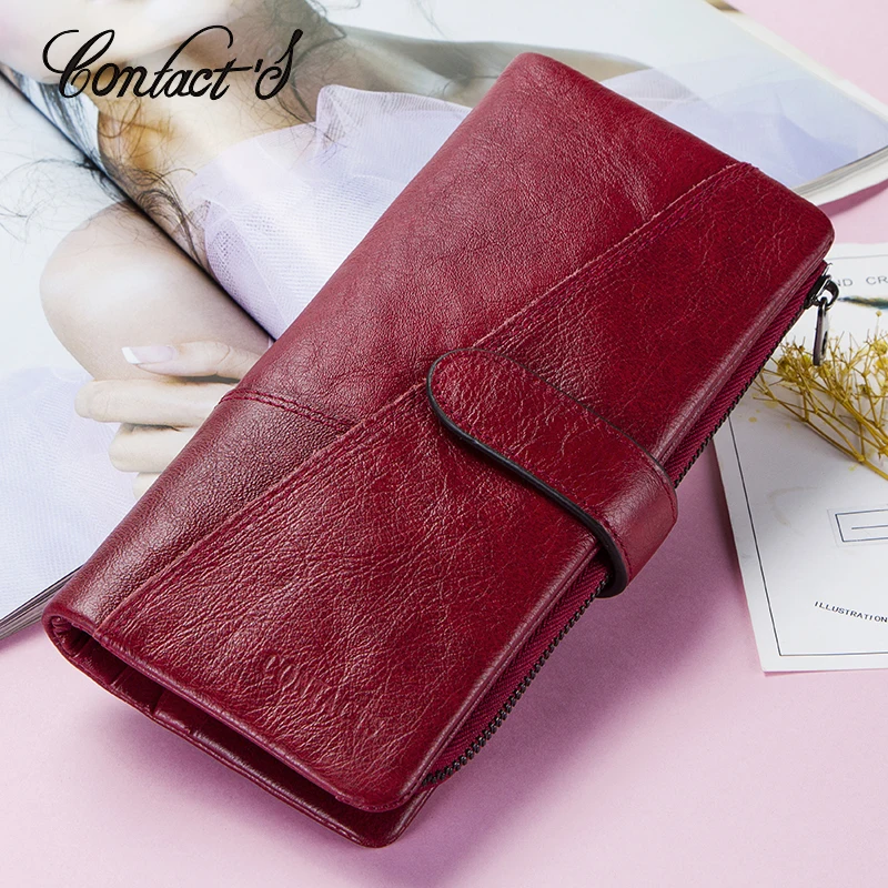 Contact\'s Women Wallets Brand Design High Quality Genuine Leather Wallet Female Hasp Fashion Dollar Price Long Purse Card Holder