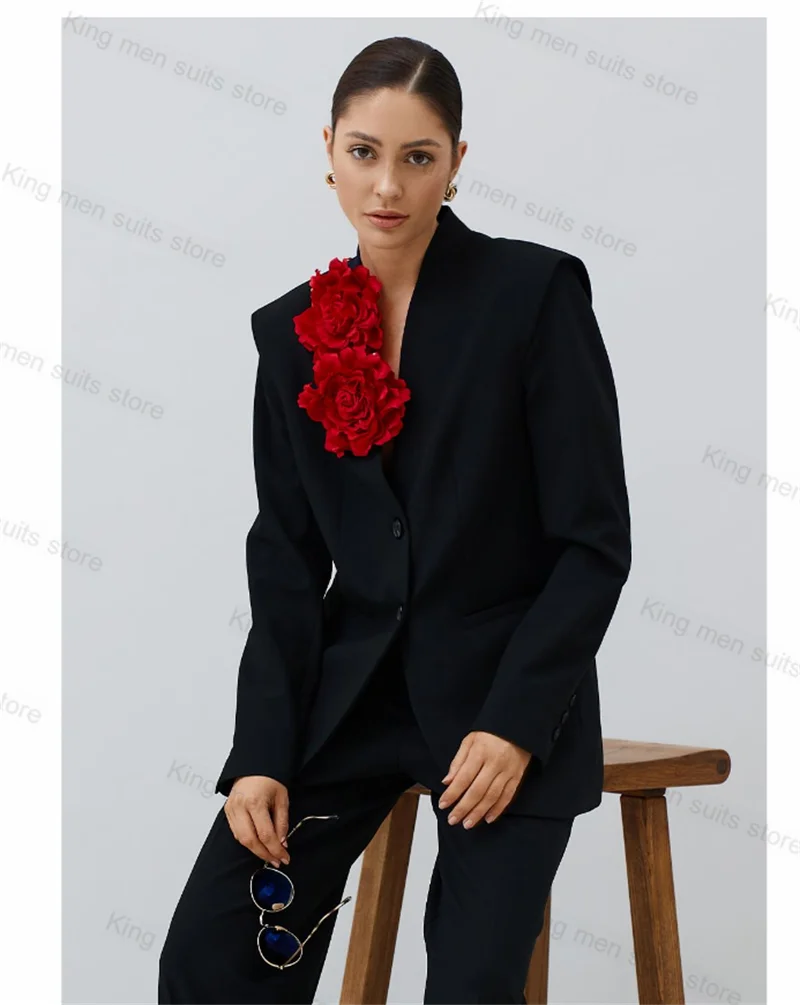 

Black Women Suit set 2 Piece Cotton Blazer Pants 3D Flower Custom Made Formal Office Lady Wedding Tuxedos Jacket Prom Trousers