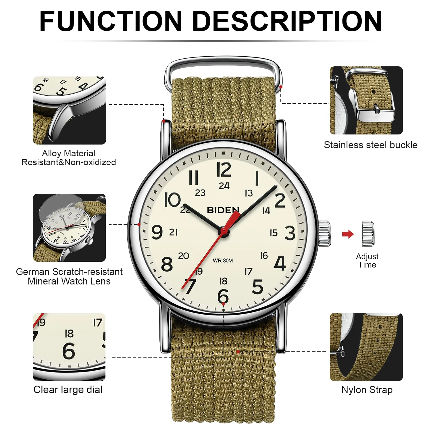 Dış ticaret izle erkek büyük kadran kuvars su geçirmez spor dairesel naylon kayış basit rahat hediye zarif saat kutusu