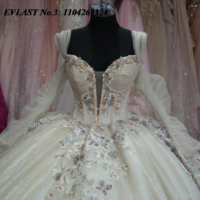 EVLAST Customized Glitter Beige Quinceanera Dress Ball Gown Applique Beaded Bow Corset Sweet 16 Dress Vestidos De 15 Anos E3Q522