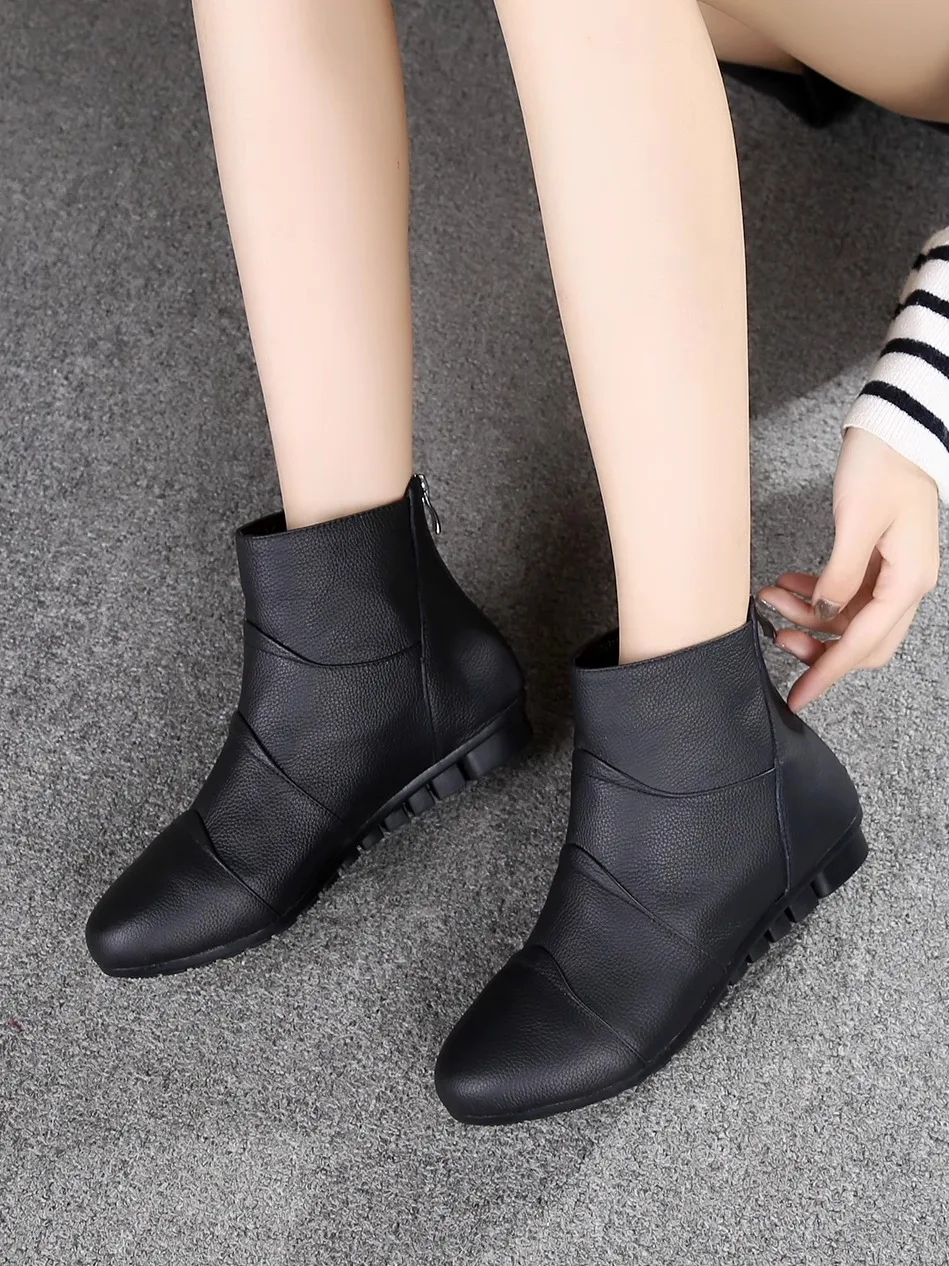 

Warm Fleece Lined Genuine Leather Boots Soft Bottom Flat Bottom Women's Boot Comfortable All-Match Winter Shoes
