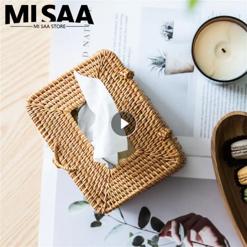 

Straw Tissue Box Woven Handmade S Desktop Finishing Pastoral Art Organization Car Living Room Storage Box Roll Paper Tray Rattan