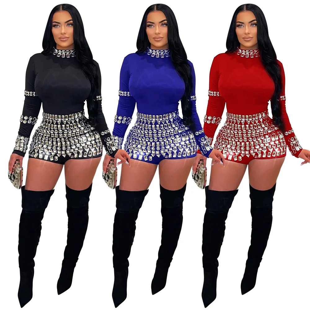 

EINY Chic Women Long Sleeve Bodycon Slim Rhinestone Playsuits Party Bodysuits Crystal Luxury Sexy Black Club Rompers Outfit Traf