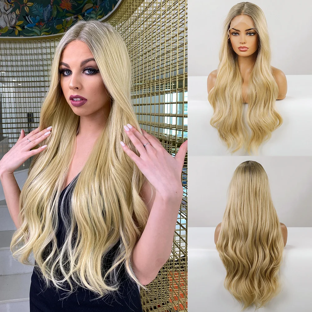 CharmSource Highlight Blonde Long loose Natural Wave Synthetic Lace Front Wig Middle Part Hair Wigs for Women Heat Resistant