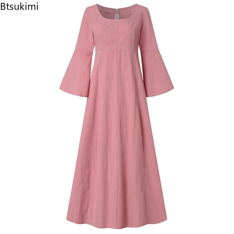 New Vintage Women Maxi Dress Fashion Square Collar Flare Sleeve Cotton Sundress Loose Party Dresses for Lady Robe Casual Vestido