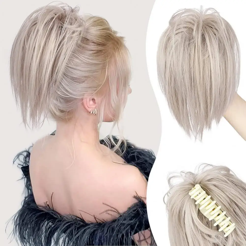 Peluca de moño desordenado, Clip de garra, Tousled recto Updo, postizo de cola de caballo, extensiones de cabello sintético para mujer