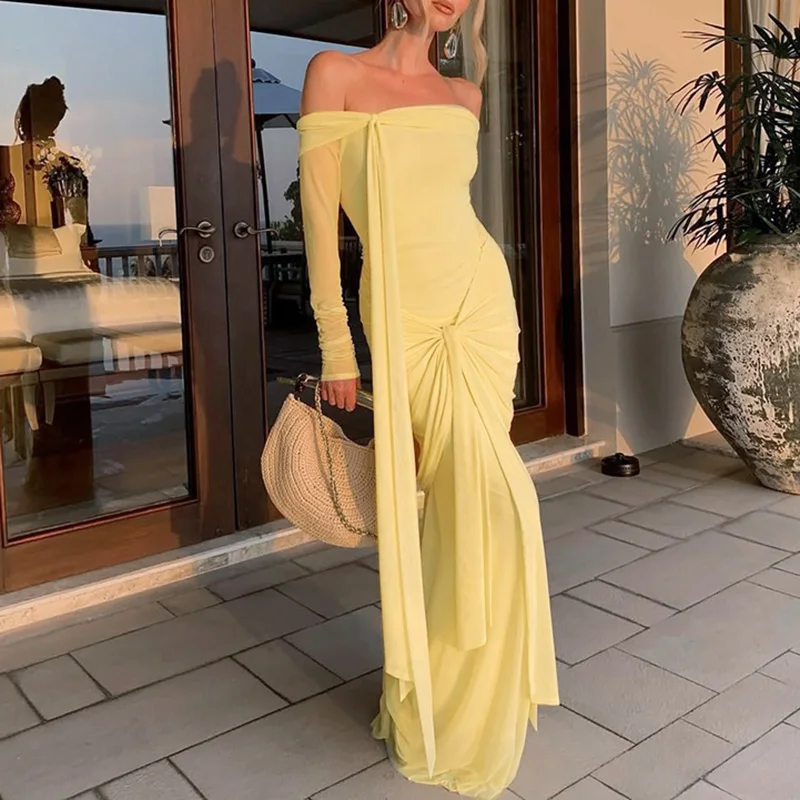 Spring Autumn Off Shoulder Long Sleeve Party Dress Womens Sexy Slash Neck Hollow Long Dress Elegant Lace-up Slim Bodycon Dresses