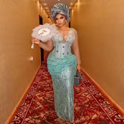 Fairy Mint Beading Lace Evening Dresses African Traditional Bridal Dress Long Sleeves Beaded Birthday Dress Asoebi Formal Gowns