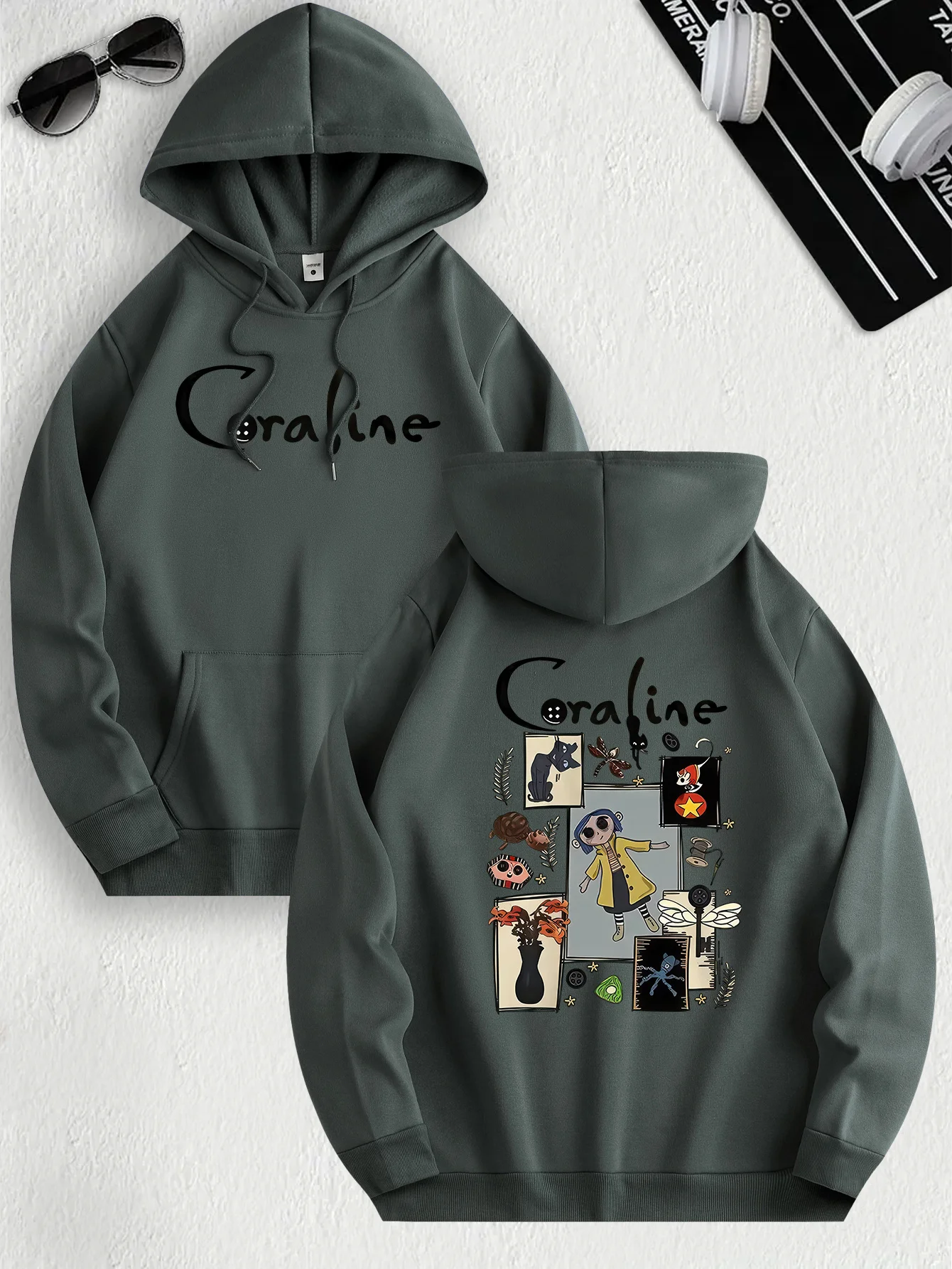 Coraline Inspired Casual Hoodie for Women's Polyester Knit Fabric Long Sleeve Regular Fit Hooded Pullover with Slight Stretch