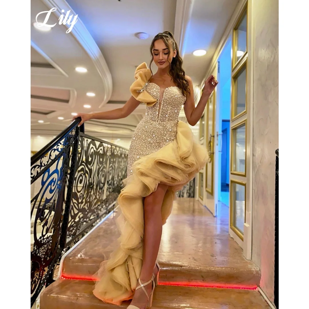 

Lily Yellow Sequin Prom Dress One Shoulder Mermaid Evening Dress With Tiered Pleat Party Dress فساتين سهرة For Women Customized