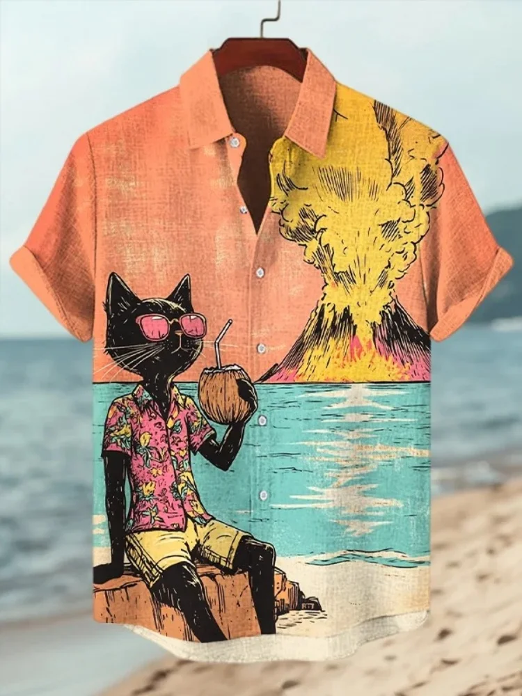 

Men's Black Cat Drinking Coconut Juice Volcanic Eruption Print Short Sleeve Shirt Bohemian Funny 3D Printed Lapel Collar Blouse