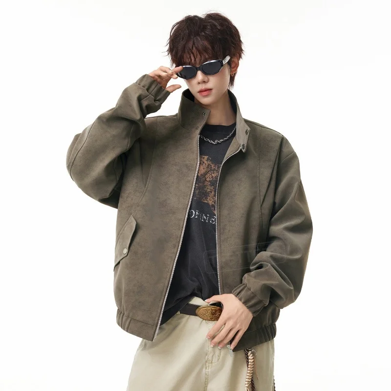 TFETTERS 2026 Autumn Vintage Biker Men PU Jacket Distressed Faux Leather 3D Panel Stand Collar Loose Fashion Streetwear Coat Man