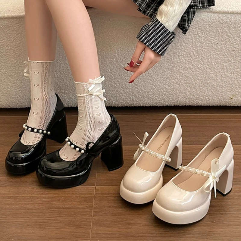 

Designer New Spring Thick Heel Women Mary Jane Shoes Butterfly-knot Slip On Shoes Ladies Elegant Stripper Party Dress Pumps