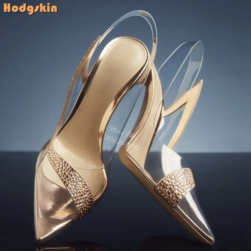 Zapatos de Tacón Alto con Punta en Pico de Cristal Champagne, Sandalias de Tacón Alto con Tiras de PVC Transparente y Pedrería, Zapatos de Tacón de Aguja de Moda para Mujer, Novedad 2026