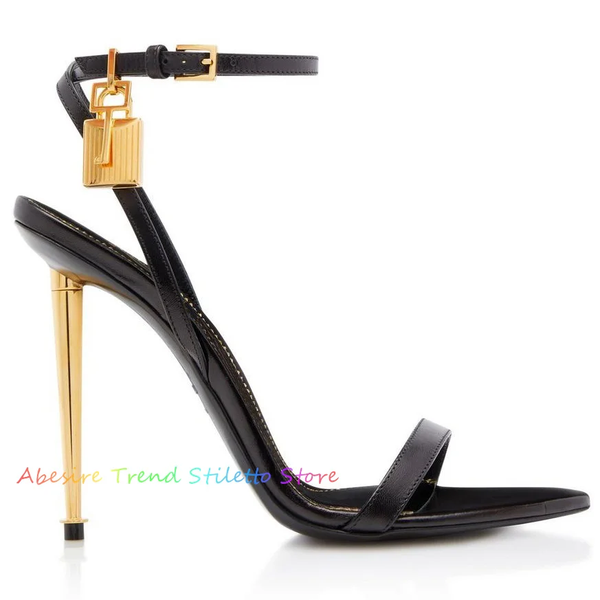 Gold Ankle Strap Stiletto Heels Lock Thin High Heel Sandals Open Toe Fashion Summer Shoes Solid Suede Metal Lock Decor Shoes