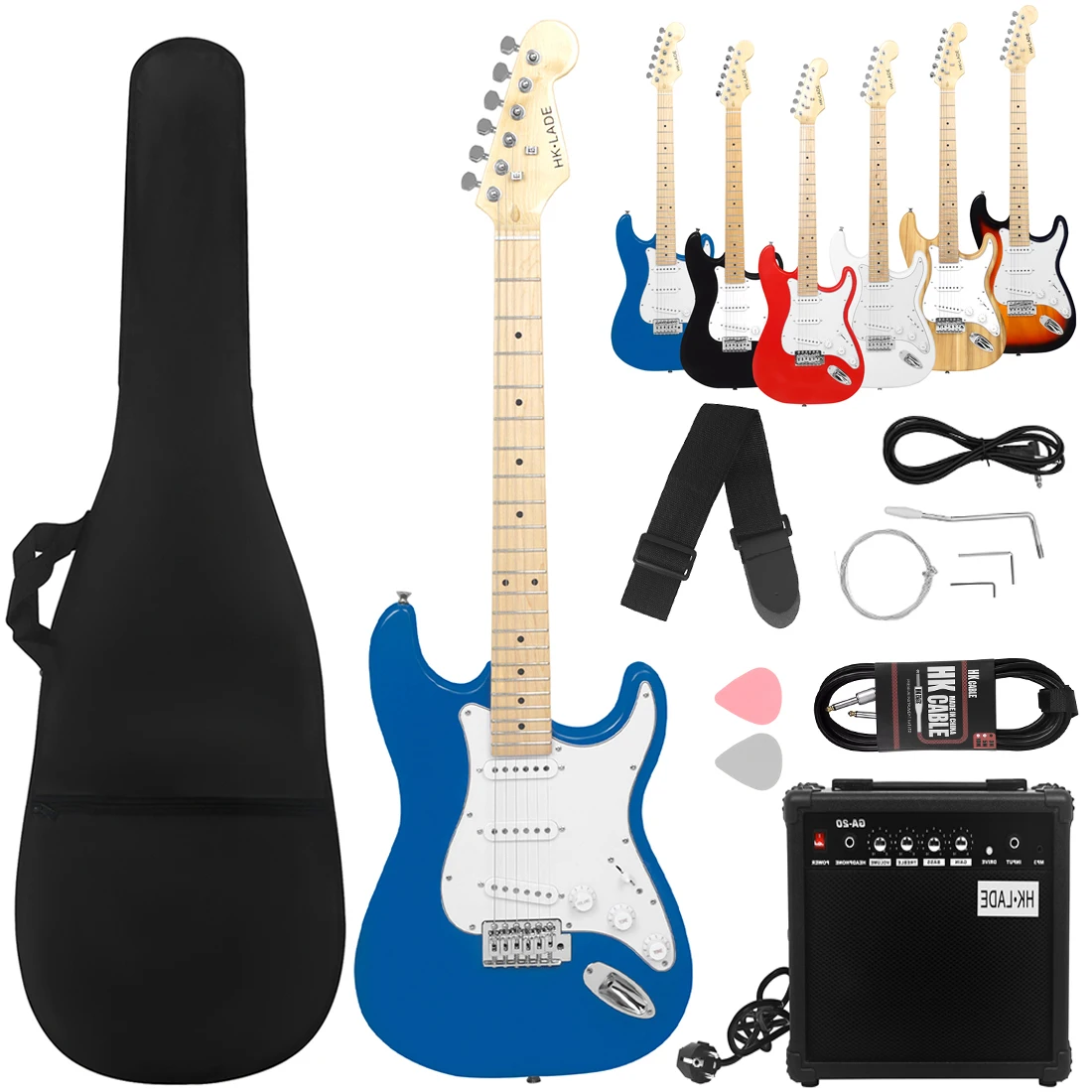 

Blue HK.LADE 39 Inch Electric Guitar 22 Frets ST Rosewood Fingerboards Electric Guitar Set with Amplifier Strap Strings