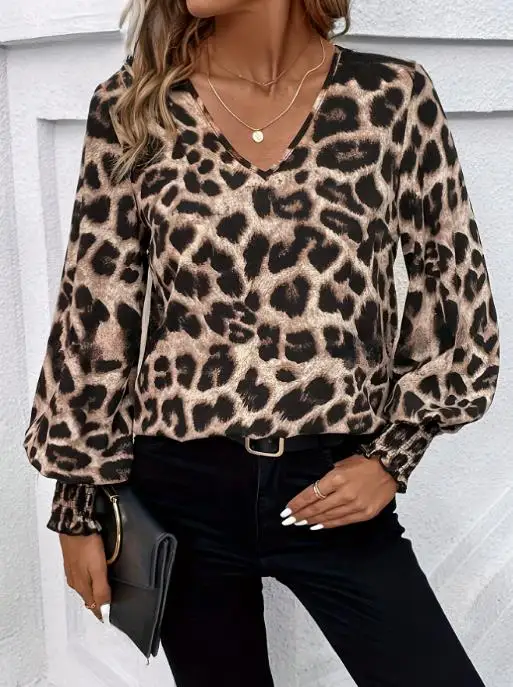 Popular V-Neck Leopard Print Loose Long Sleeved Casual Shirt, Chiffon Top, Women's Clothing