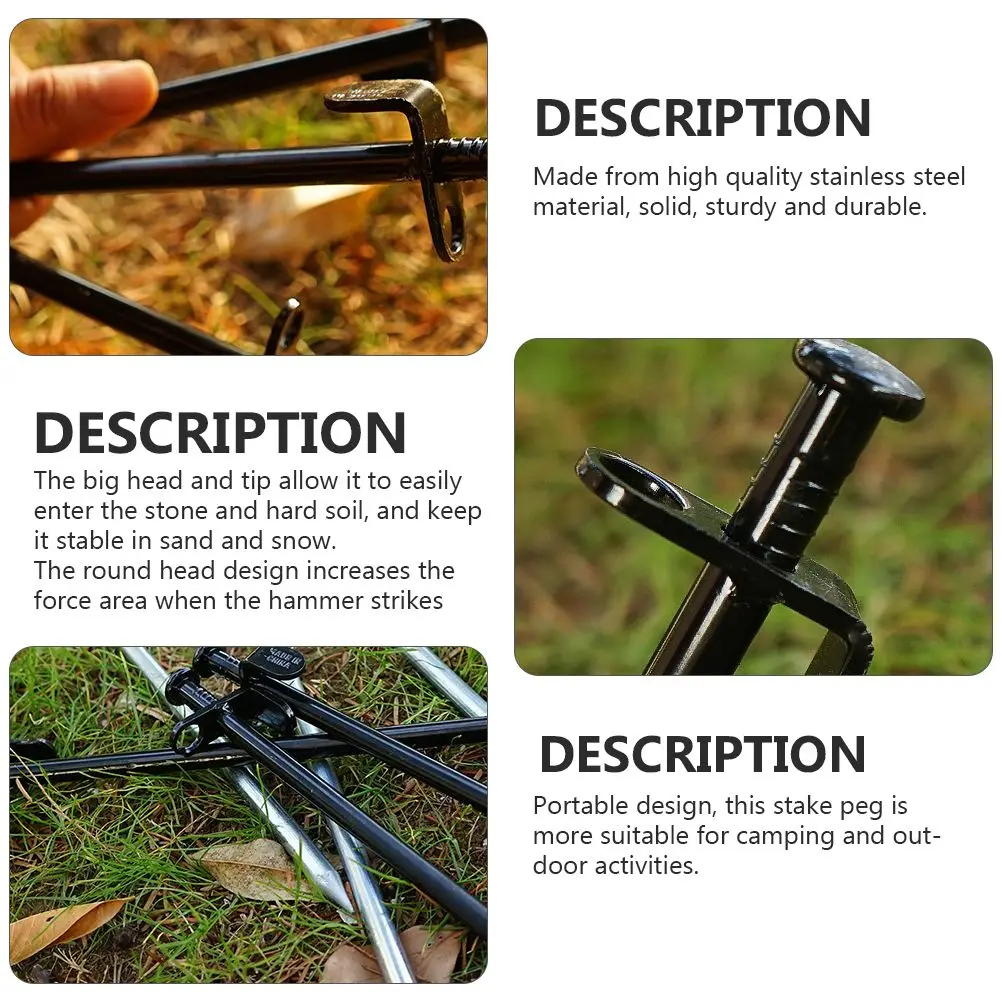 

2Pcs Stainless Steel Snow Ground Stakes Durable Camping Outdoor Black Tent Pegs Portable Design Increased Force Area Round Head