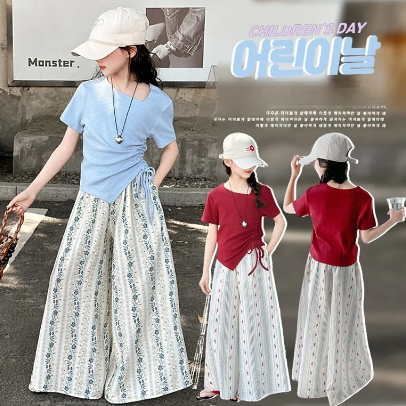 

Girls' Summer Clothing Set Fashion Children Asymmetrical Drawstring T-shirt + Striped Floral Print Pants Two-Piece Set
