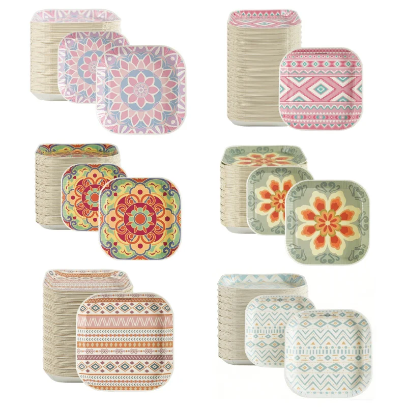 10/20pcs Bohemia Style Disposable Paper Plates Square Microwave Safe Plate for Appetizer Dried Fruit Desserts Salads Paper Plate