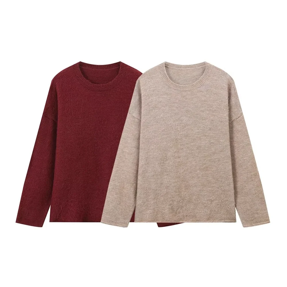 PB & ZA-Haut Ample à Manches sulfet Col Rond pour Femme, Couleur Unie Brossée, Nouveauté Automne et Hiver, 107