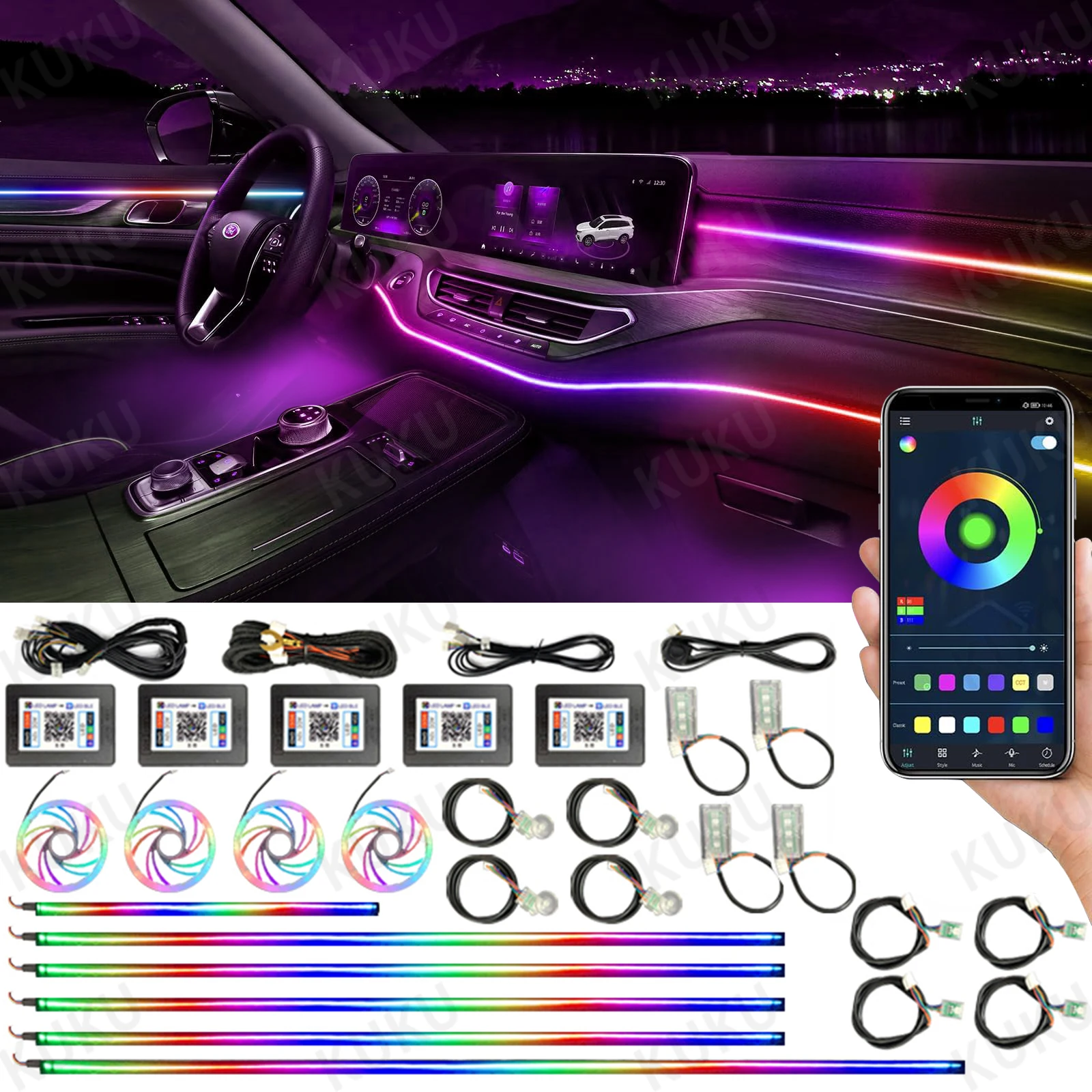 

Custom LED Vehicle Interior Light Strip: 64+ Hues, Chromatic Effects, Smartphone App Control, Changeable Settings, Hidden Acryli