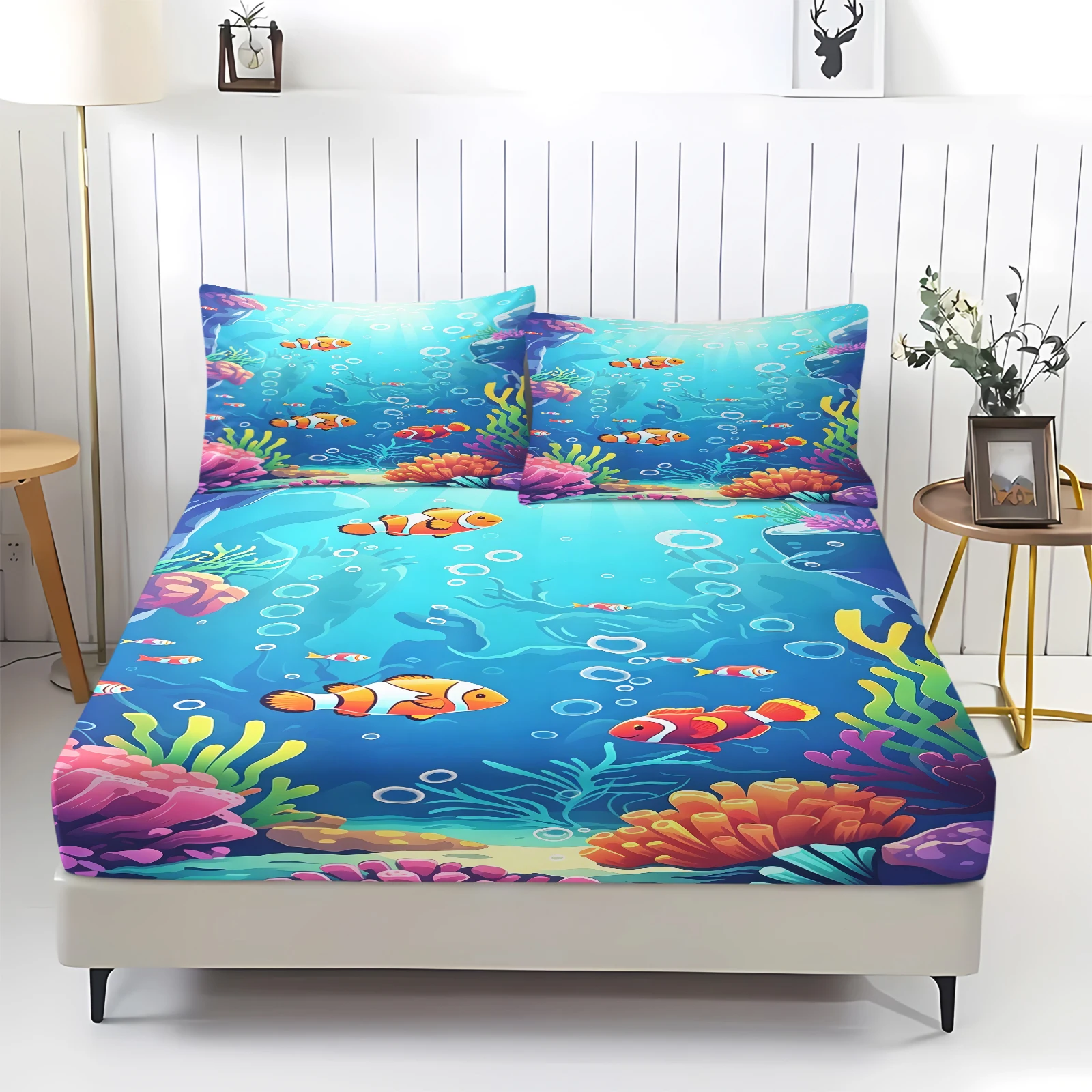 Ocean Clownfish Fitted Sheet Set Elastic Deep Pocket Bed Sheet with Pillowcases Soft Breathable Ocean Marine Themed Bedding Set