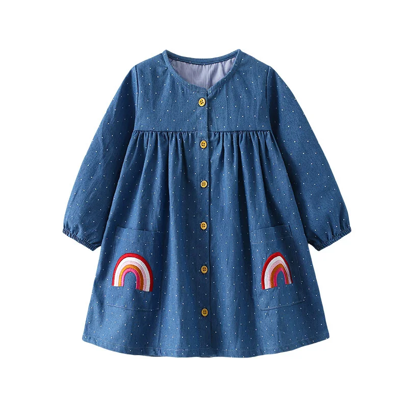 Jumping Meters 2-7T Princess Girls Dresses Buttons Bee Embroidery Autumn Spring Baby Clothing Long Sleeve Frocks Toddler Dress