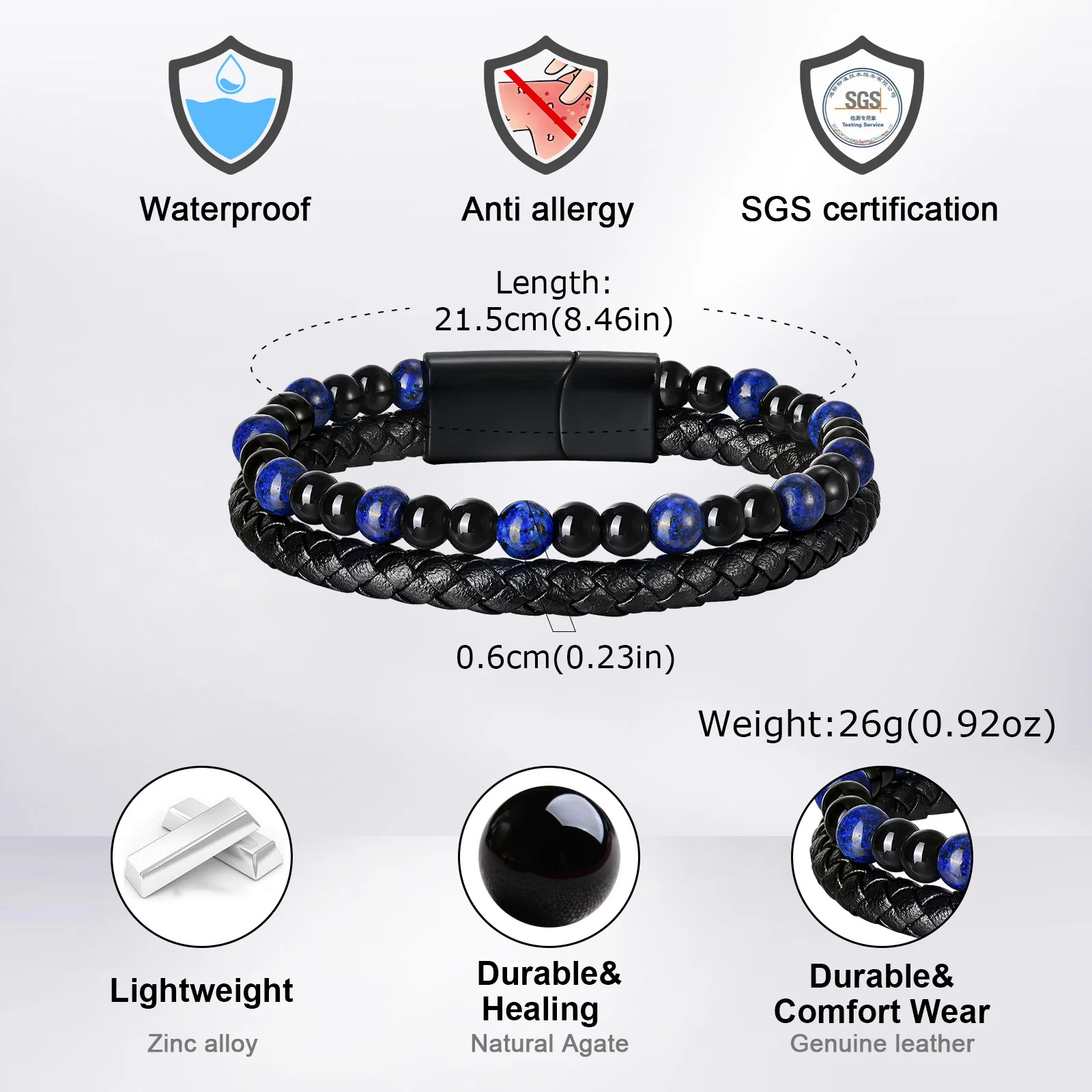 Vnox Mehrschichtiges Geflochtenes Lederarmband für Männer, Tigerauge Lapislazuli Perlen Magnetverschluss Armband Trendiger Männerschmuck Geschenk – Detail 8
